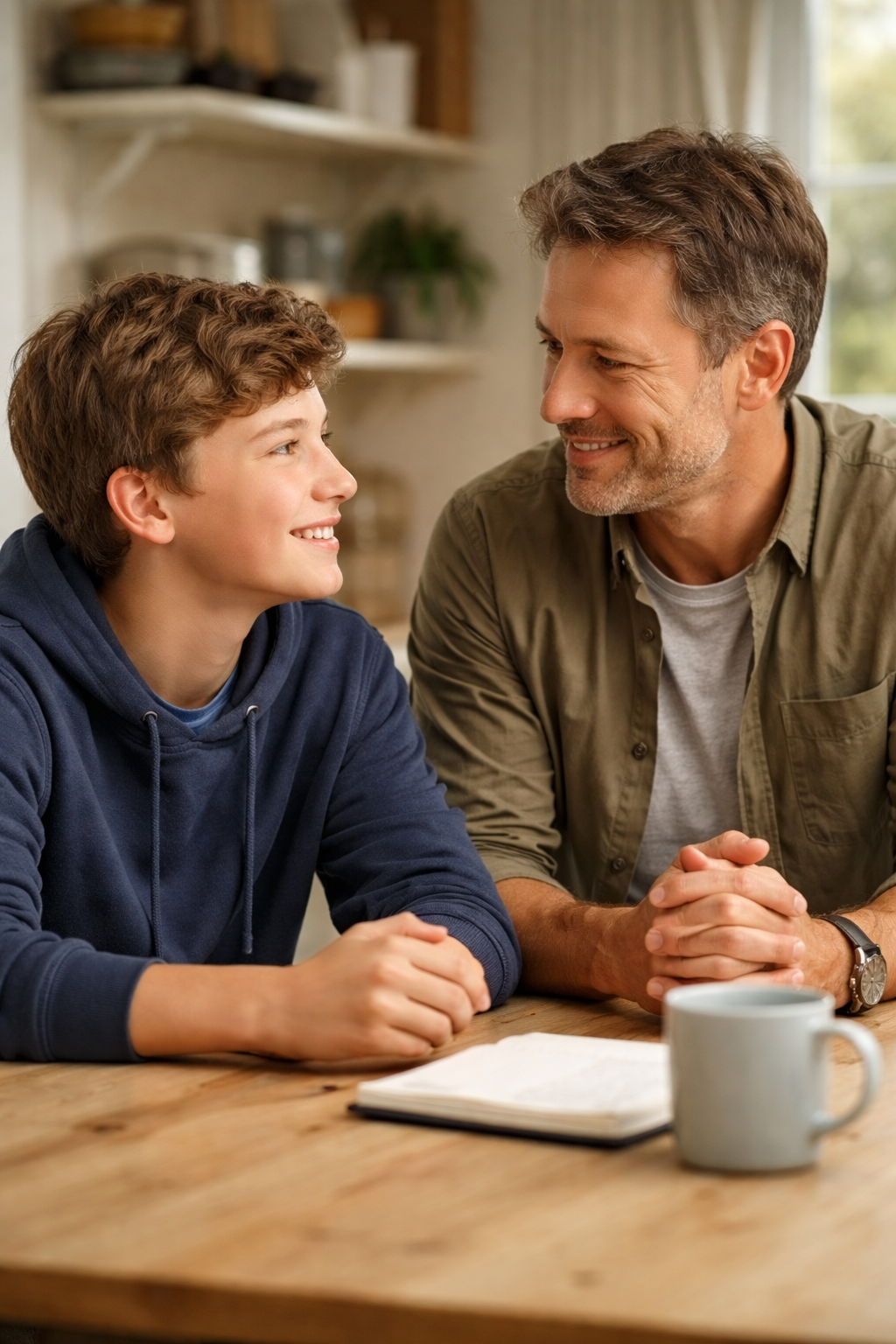 Γονιός και παιδί σε κουβέντα στο τραπέζι, ήρεμα πρόσωπα, αίσθηση συνεργασίας και επανασύνδεσης.
