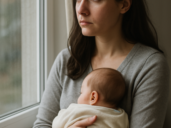 γυναίκα που αναρωτιέται αν η ψυχολογία αλλάζει μετά τη γέννα.
