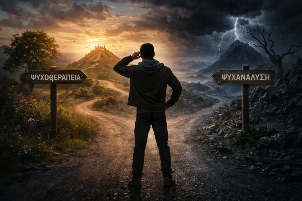 άτομο αναρωτιέται να κάνει ψυχοθεραπεία ή ψυχανάλυση.