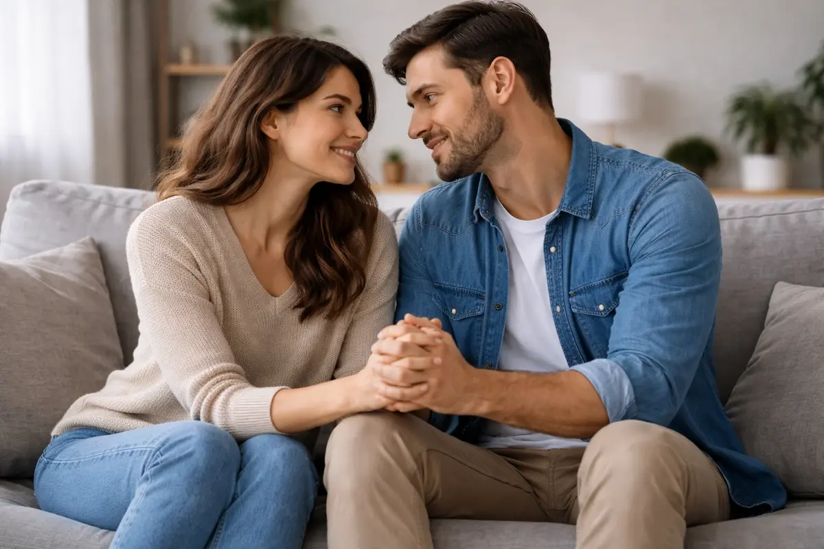 ζευγάρι σε επανασύνδεση μετά από ψυχοθεραπεία ζεύγους. 